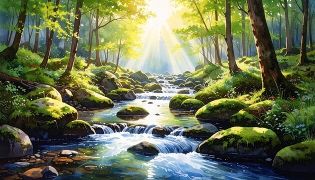 Vibrant forest stream painting lush green woodland scene with flowing water and sunlight.