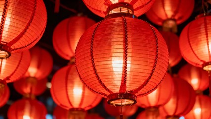 Fototapeta premium A cluster of glowing red paper lanterns, intricately woven with a warm, festive ambiance.