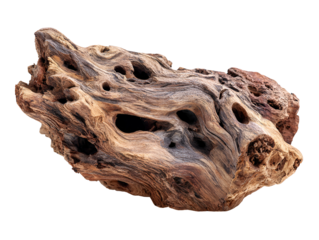 Textured natural driftwood with holes against a black background