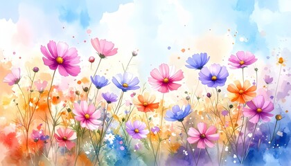 Vibrant watercolor flowers background with artistic floral petals and green leaves soft dreamy botanical garden theme.