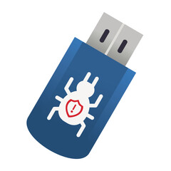 USB drive with malware icon, infected flash disk, virus on USB flash drive, data infection and cybersecurity threat concept, flat vector illustration