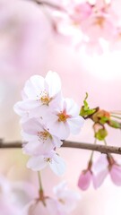 Obraz premium Delicate cherry blossoms on a branch with a soft, blurred background
