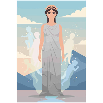 Flat vector art of Niobe turning to stone as tears flow down her face, greek myth