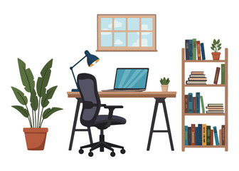 Fototapeta premium Vector flat illustration of a cozy home office workspace. Desk with laptop, ergonomic chair, bookshelf, and plants for remote work