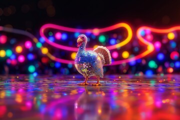 Funny Disco Ball Turkey on Dance Floor – Vibrant Thanksgiving Party Concept with Colorful Lights