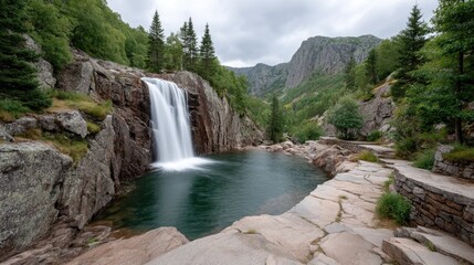 Majestic Waterfall Cascades into a Serene Pool Surrounded by Lush Greenery and Rocky Terrain Under a Cloudy Sky