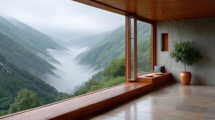 Panoramic View of a Misty Mountain Valley Seen Through a Modern Wooden Framed Window with Lush Greenery and a Potted Tree Indoors