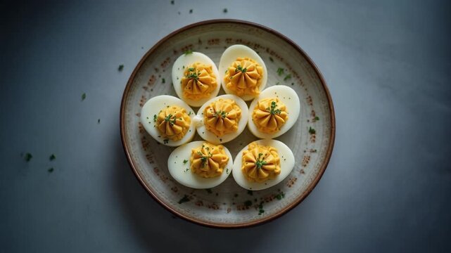 Homemade deviled eggs rotating on a kitchen counter top. Tasty appetizers. Comfort food.