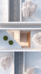 Top Down Architectural Photo Of A Road Interchange With Snow Covered Trees And Subtle Lighting Effects