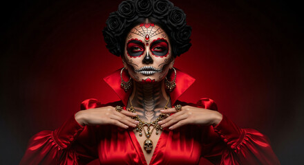 Day of the Dead portrait of woman with red and black sugar skull makeup, wearing red silk dress, black rose crown