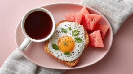 Top Down Brunch Photo Featuring Fried Egg on Toast with Watermelon Slices and Coffee on a Pink Plate with Sparkly Fabric Background