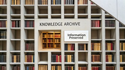Elegant library design featuring organized shelves with books, text on wall about knowledge archive and information preservation