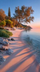 Serene Coastal Landscape at Dusk With Long Palm Shadows Stretching Across Sandy Beach And Calm Water Under A Clear Blue Sky