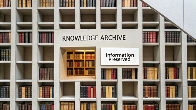 Elegant library design featuring organized shelves with books, text on wall about knowledge archive and information preservation