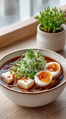 Top Down Photo Of A Bowl Of Comforting Noodle Soup With Soft Boiled Eggs Tofu And Green Onions Garnished With Chili Flakes On A Wooden Table