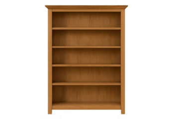 Empty wooden bookshelf with multiple shelves, providing storage and interior design element on transparent background