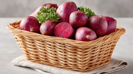 Top Down Photo Of A Wicker Basket Filled With Fresh Vibrant Red Radishes And Green Parsley Sprigs On A Neutral Textured Surface