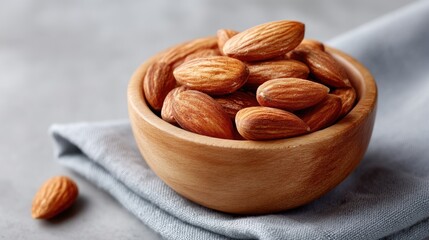 Top Down Photo of Shelled Almonds in a Rustic Wooden Bowl on a Gray Textured Surface with a Gray Cloth Napkin