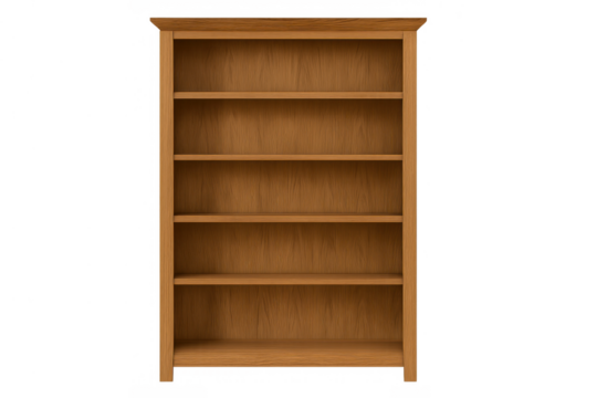 Empty wooden bookshelf with multiple shelves, providing storage and interior design element on transparent background