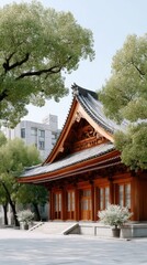 Traditional East Asian Temple Roof with Golden Ridge Detail Under Clear Daylight Surrounded by Lush Green Trees and Snow Covered Ground