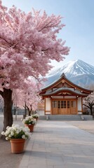 Traditional Japanese Pagoda With Blooming Cherry Blossoms And Snow Capped Mountain In The Background Under Clear Blue Sky