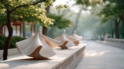 Traditional Korean Stone Statues Lined Up Along a Pathway in a Lush Green Garden with Soft Sunlight Filtering Through Trees
