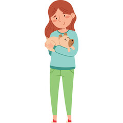 A Woman With Brown Hair Wearing A Teal Sweater And Green Pants Holding A Small Light Brown Dog With A Transparant Background