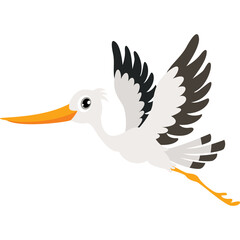 A White Stork Bird With Black Wing Tips and Orange Beak Flying with Wings Spread in a Clear Transparent Background