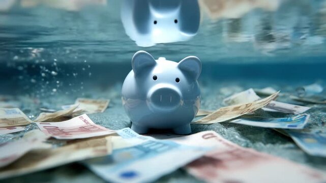 A light blue piggy bank submerged underwater with Euro bills surrounding it. Reflections are present