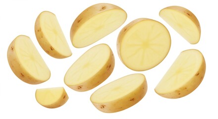 Fresh raw potato slices and wedges isolated on a white background