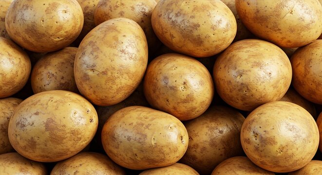 Full frame close-up of fresh raw potatoes with skin, forming a background pattern