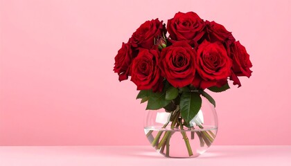 Fototapeta premium Bouquet of deep red roses in a clear glass vase against a pink backdrop