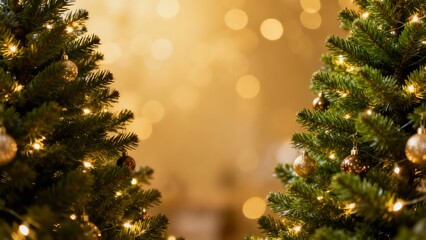 Two beautifully decorated Christmas trees with twinkling lights and ornaments, set against a warm, golden bokeh background.
