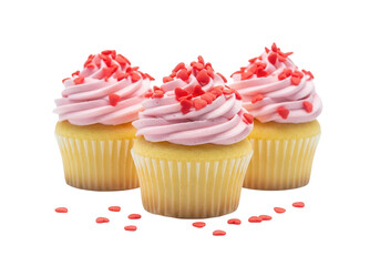 Three pink frosted cupcakes with red heart sprinkles isolated on transparent background