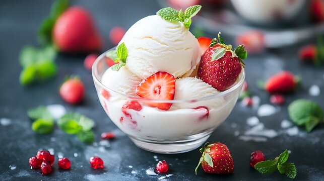 Tasty gelato summer dessert with strawberries