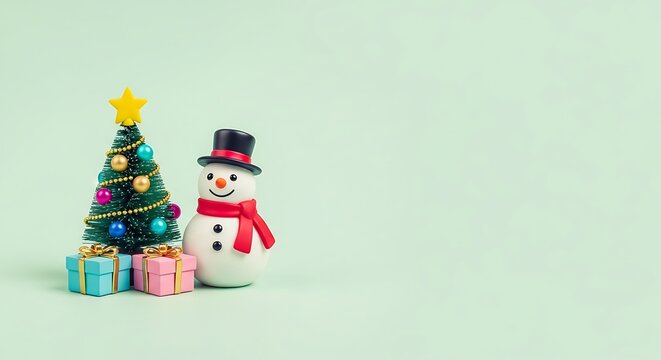 Festive christmas tree and snowman with presents on a light green background