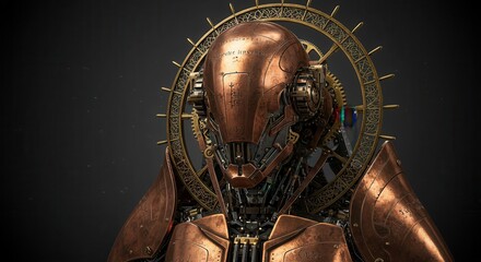 Intricate metallic automaton portrait exhibits detailed copper plating and brass mechanical elements