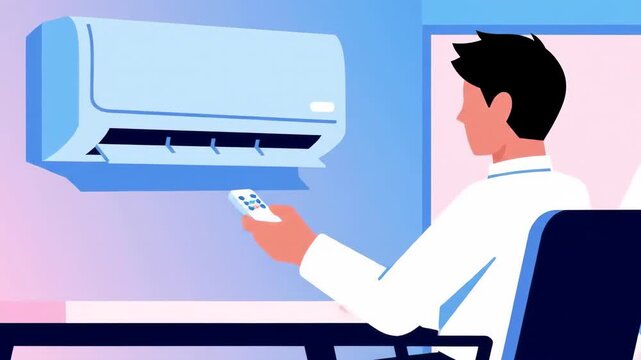 A person in a modern office adjusts the temperature of a wall-mounted air conditioner using a remote control for optimal climate comfort