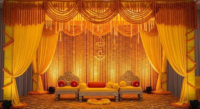 Traditional Stage Decoration with Yellow Flowers and Drapery for Functions. AI generated digital artwork.