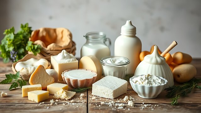 Fresh dairy products arranged on a rustic wooden table with a softly blurred pastel backdrop.