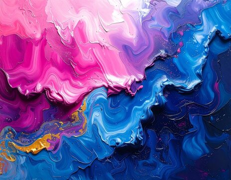 Swirling abstract artwork with vibrant pinks, blues, and gold accents