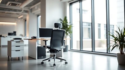 A clean minimalist office interior with an ergonomic chair and potted plant.
