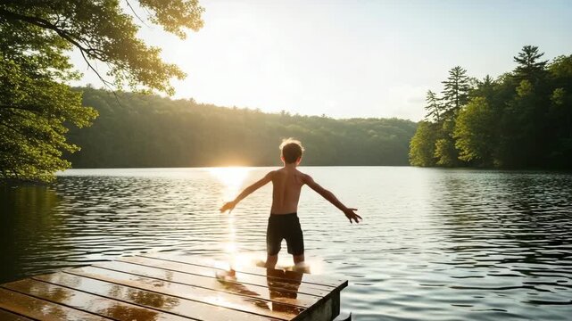 Silhouette of Boy Jumping Off Dock into Lake at Sunset with Sun Flare child leaping