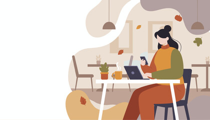 Remote work lifestyle Woman using laptop and phone in a cozy autumn cafe interior illustration