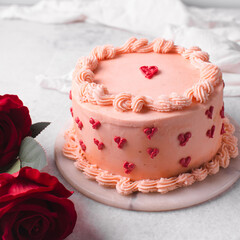 Peach buttercream cake on a cake plate, valentines Cake covered in red buttercream hearts