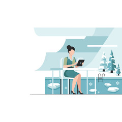 Vector illustration of woman working remotely on tablet with winter view outside