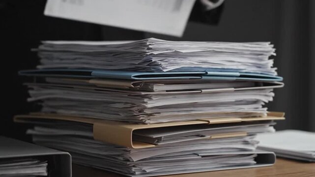 A close up of a large stack of paperwork with folders and clips. Hands are seen, holding papers
