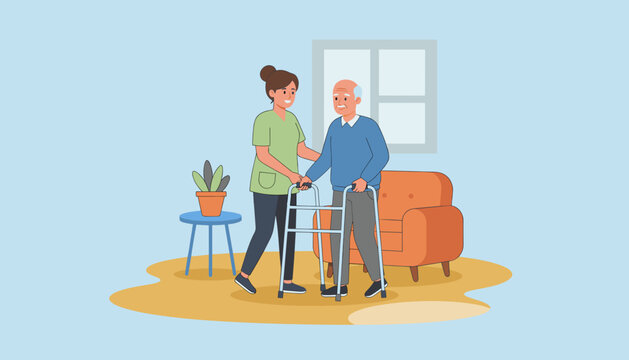 Caregiver assists senior man with a walker at home symbolizing elder care support rehabilitation