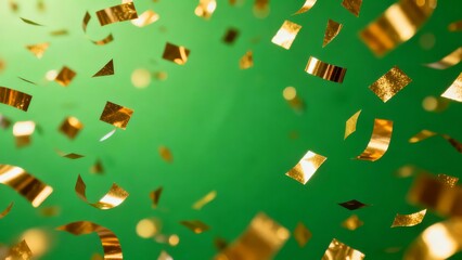 Golden confetti pieces float against a vibrant green background, creating a festive and celebratory atmosphere.