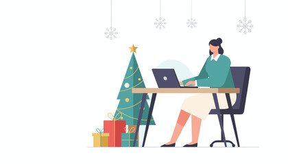 Businesswoman working on laptop at Christmas decorated desk Holiday work illustration
